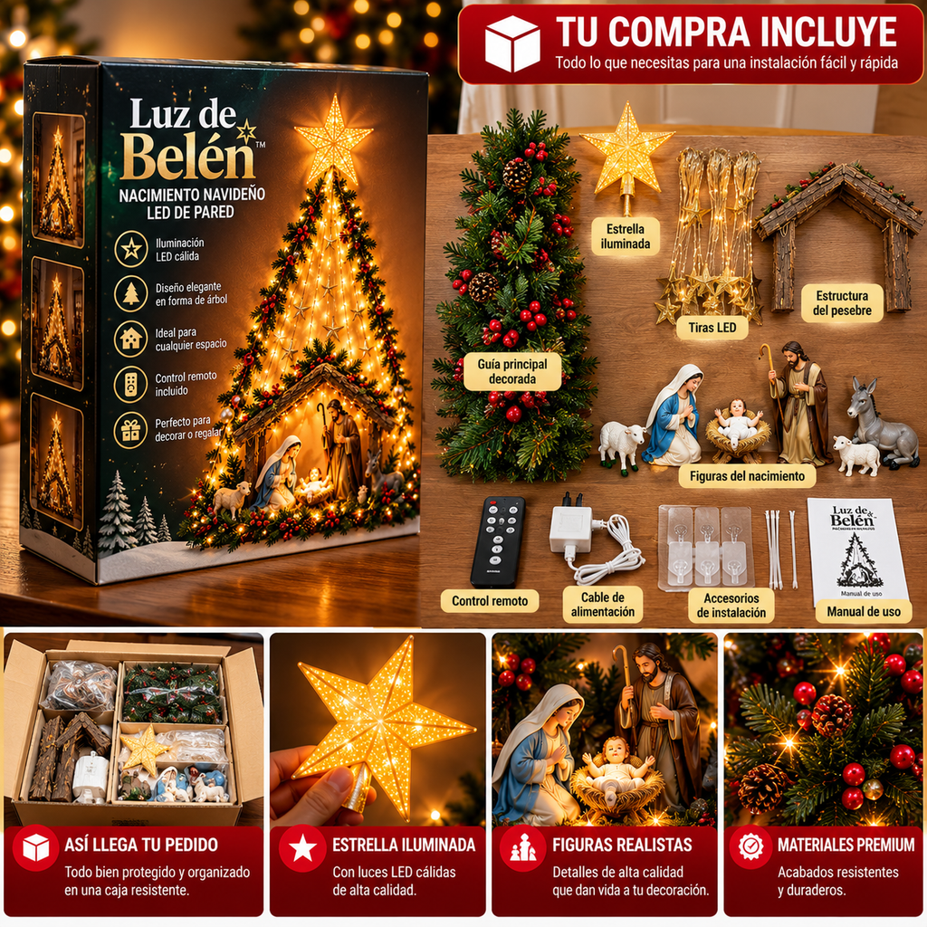 Luz de Belén™ – Nacimiento Navideño LED de Pared con Estrella y Pesebre